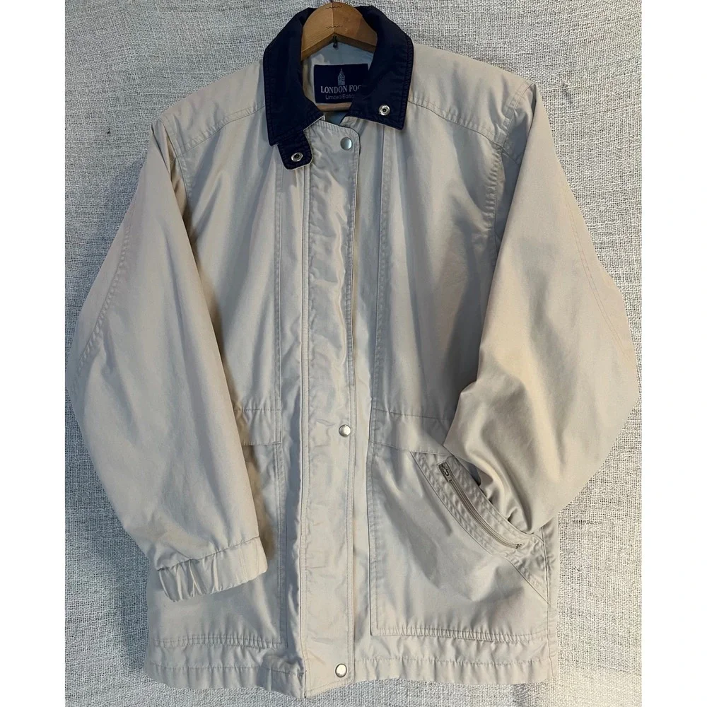 London Fog Limited Edition Jacket Beige Tan Navy Collar Mens Large Harrington